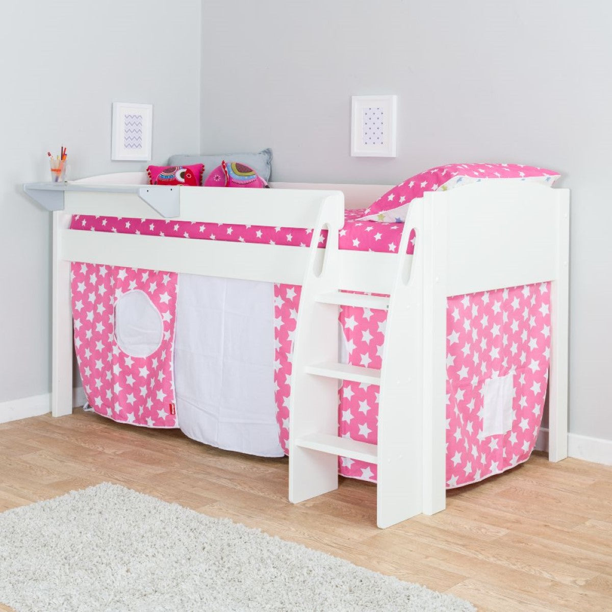 Stompa UNOS Mid Sleeper Frame White + Pink Tent Stars