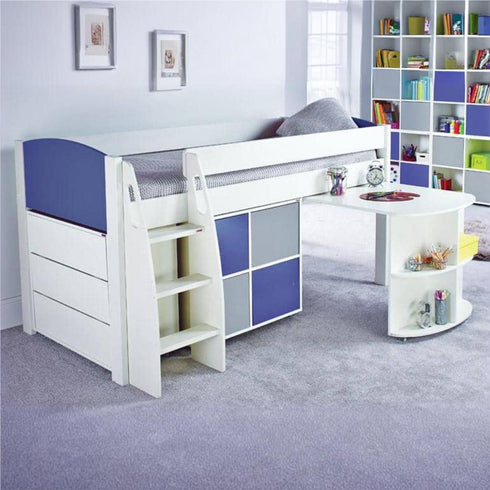 Stompa UNOS Mid Sleeper Blue Incl Pull Out Desk + 1 Multi Cube With 2 X Blue And 2 X Grey Doors + 1 Chest Of Drawers