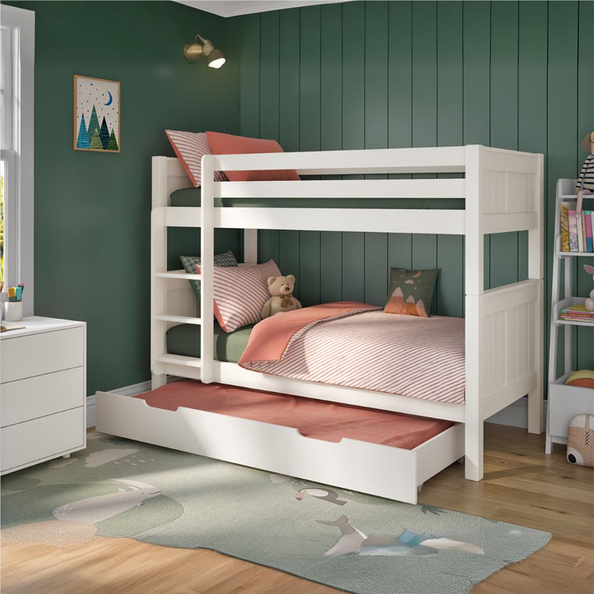 New Classic Bunk Bed With Trundle Drawer And Trundle Mattress White