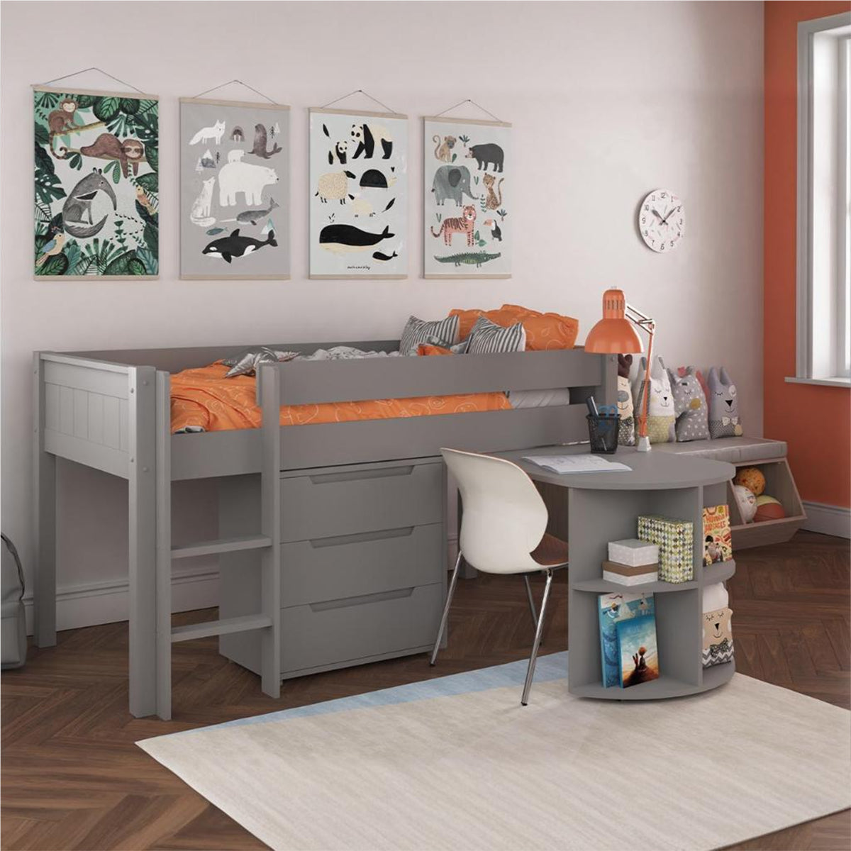 New Classic Midsleeper With Pull Out Desk And 3 Drawer Chest Grey