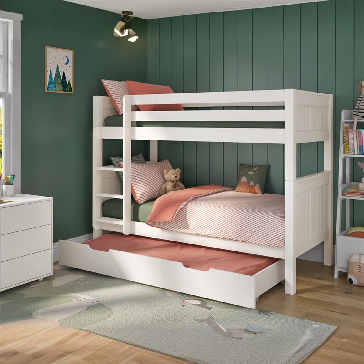 New Classic Bunk Bed With Trundle Drawer White