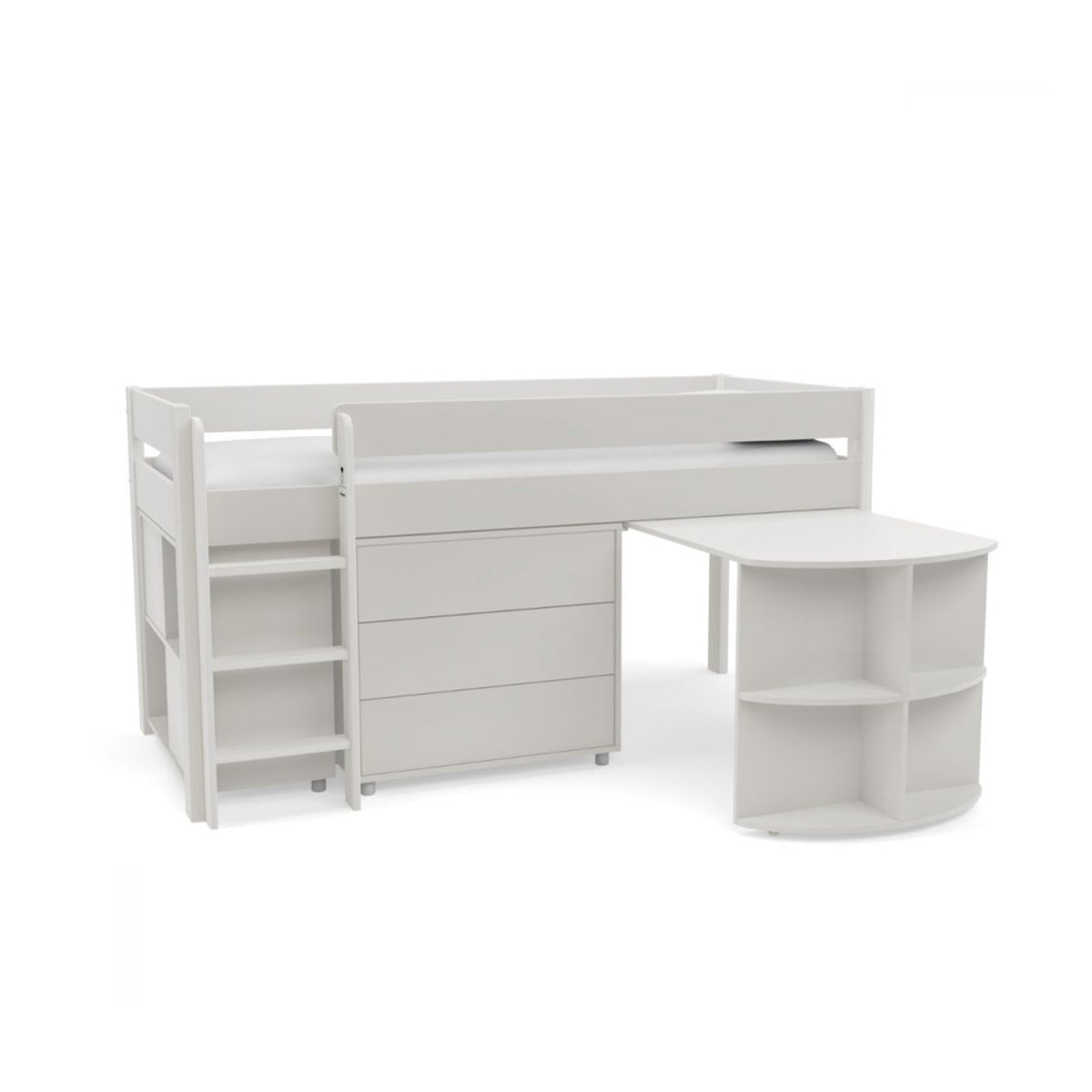 Uno White Midsleeper With Pull Out Desk And 3 Drawer Chest And Cube Unit