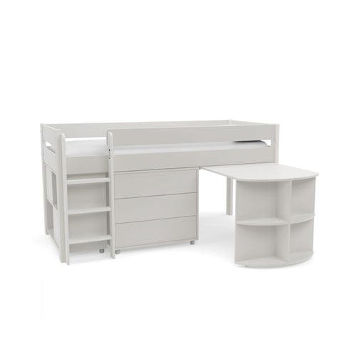 Uno White Midsleeper With Pull Out Desk And 3 Drawer Chest And Cube Unit