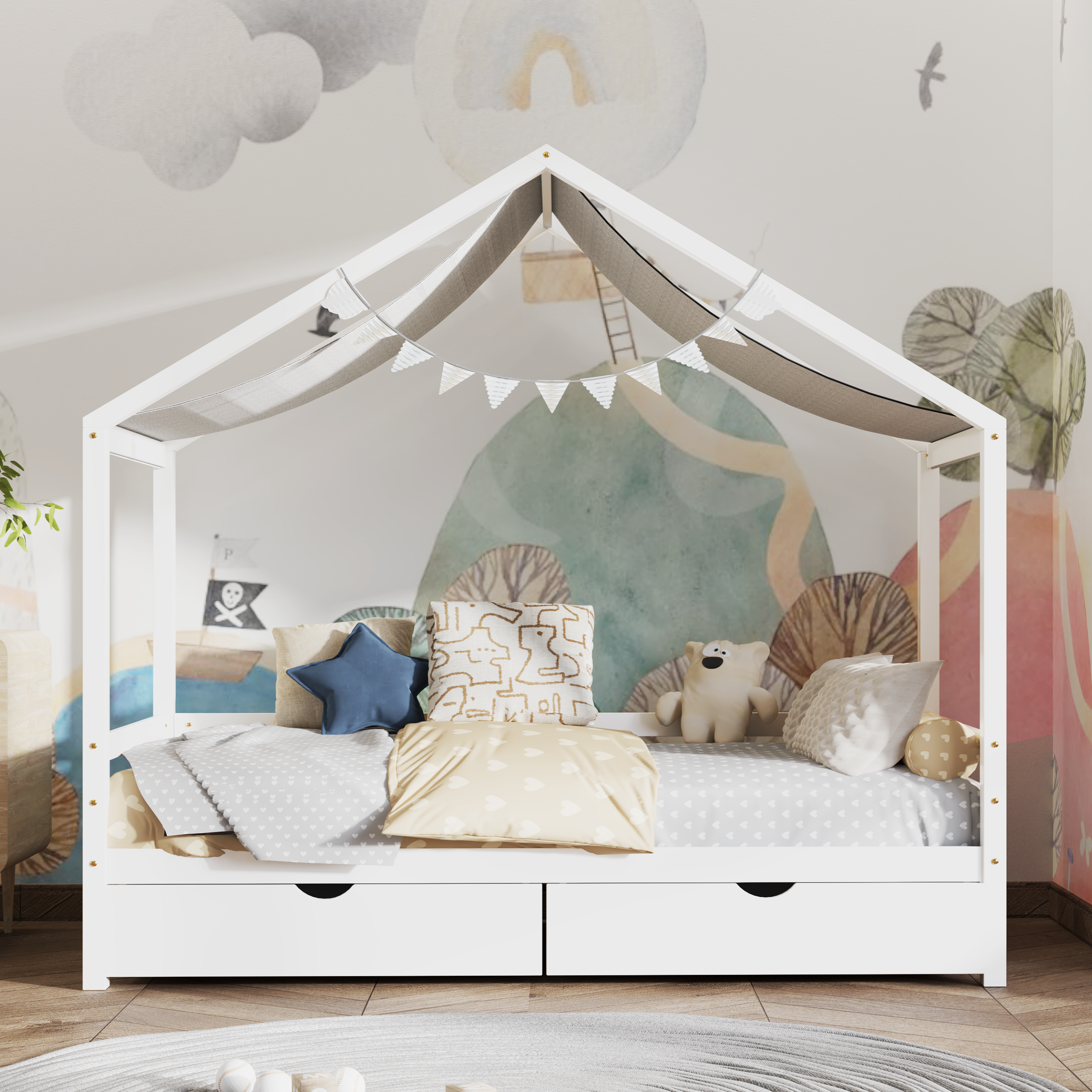 Little Nest White Kids Storage 2 Drawer Single Canopy Bed