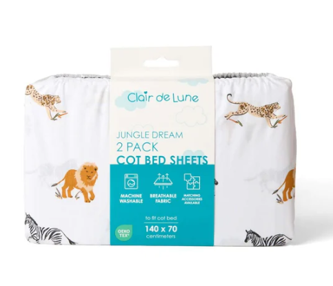 Clair De Lune Fitted Jungle Dream 2 Pack Cot Bed Sheets - 140 x 70 cm