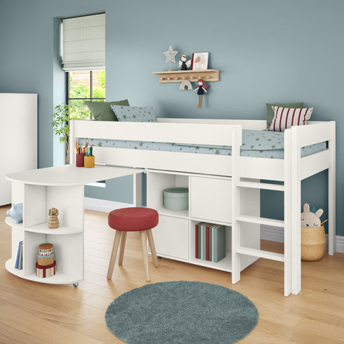 Uno White Midsleeper With Pull Out Desk And Cube Unit