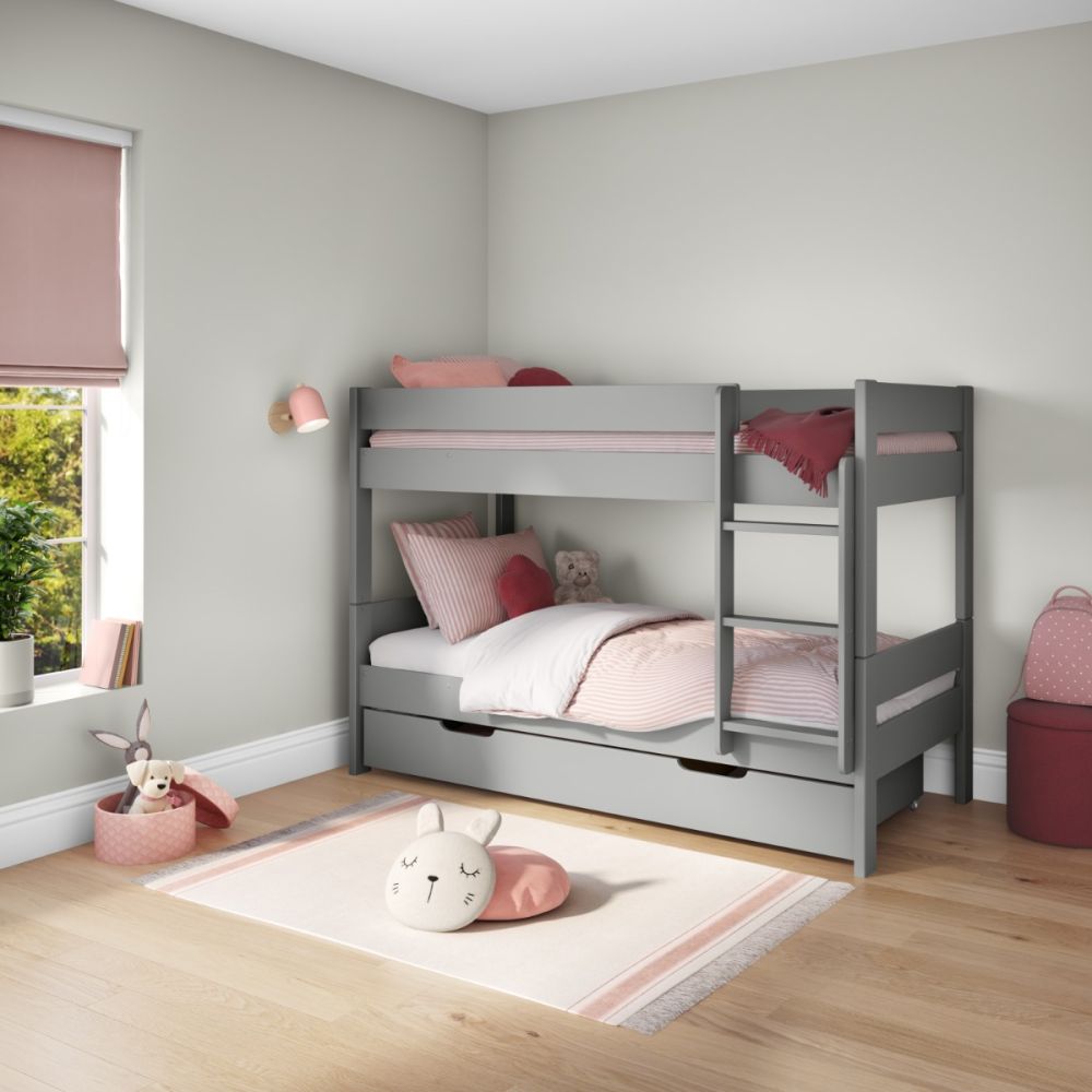 Compact Bunk Bed With Trundle Drawer And Trundle Mattress Grey