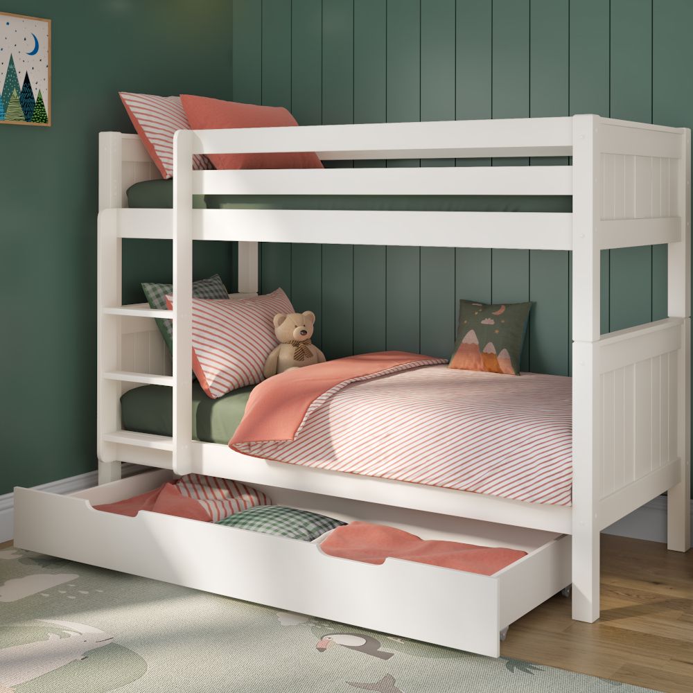 New Classic Bunk Bed With Trundle Drawer And Trundle Mattress White