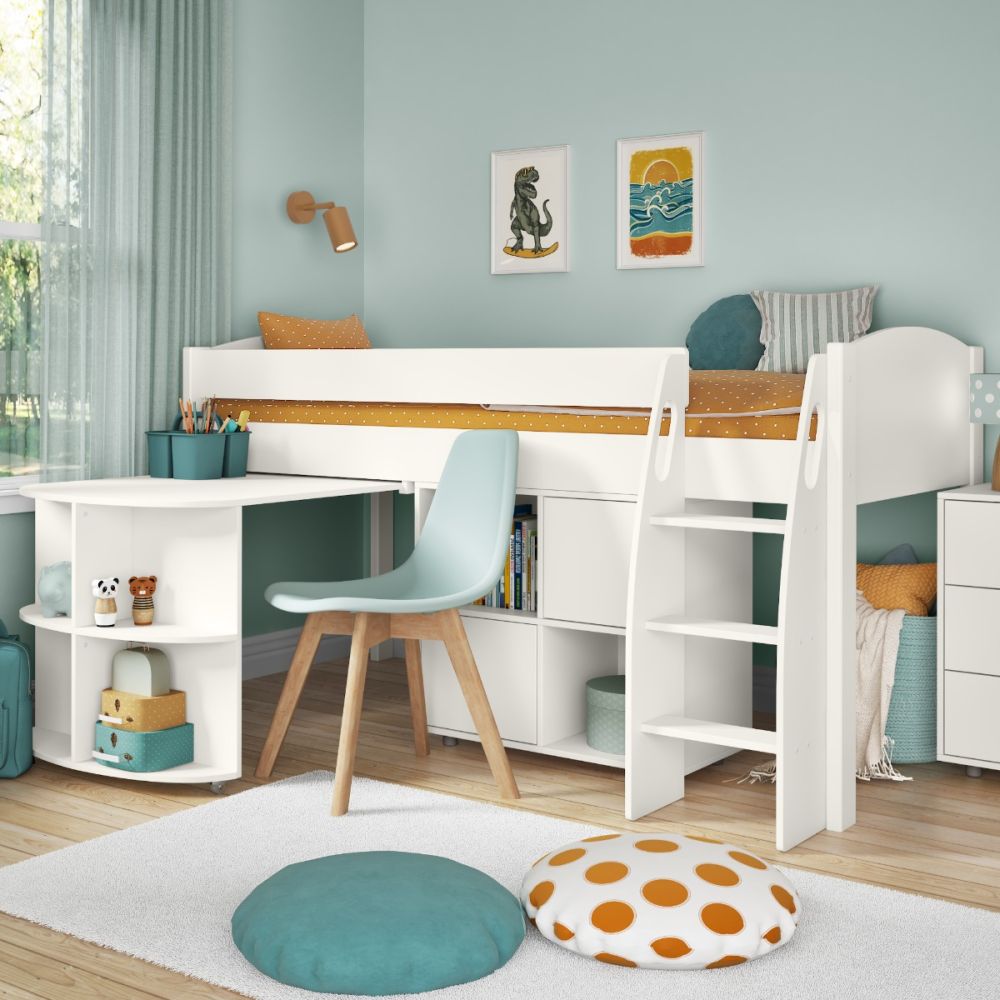 Uno White Midsleeper With Pull Out Desk And Cube Unit