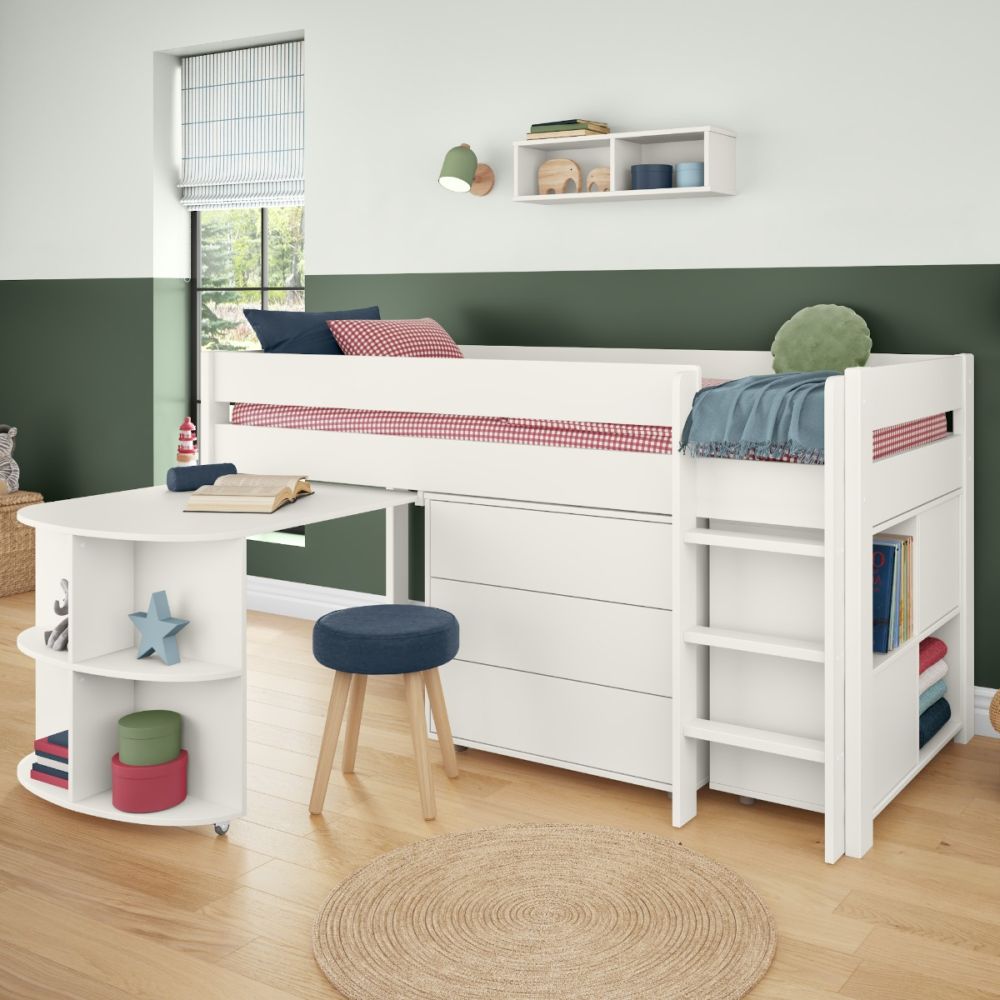 Uno White Midsleeper With Pull Out Desk And 3 Drawer Chest And Cube Unit