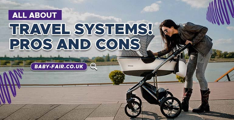 A mothery carrying Travel system on beach and written Pros and cos