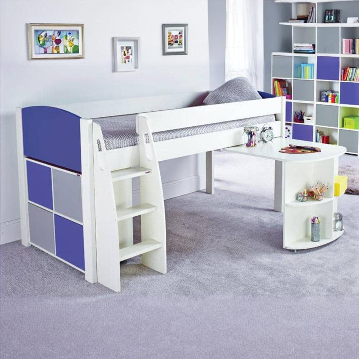 Stompa UNOS Mid Sleeper Blue Incl Pull Out Desk + 1 Multi Cube With 2Blue & 2Grey Doors