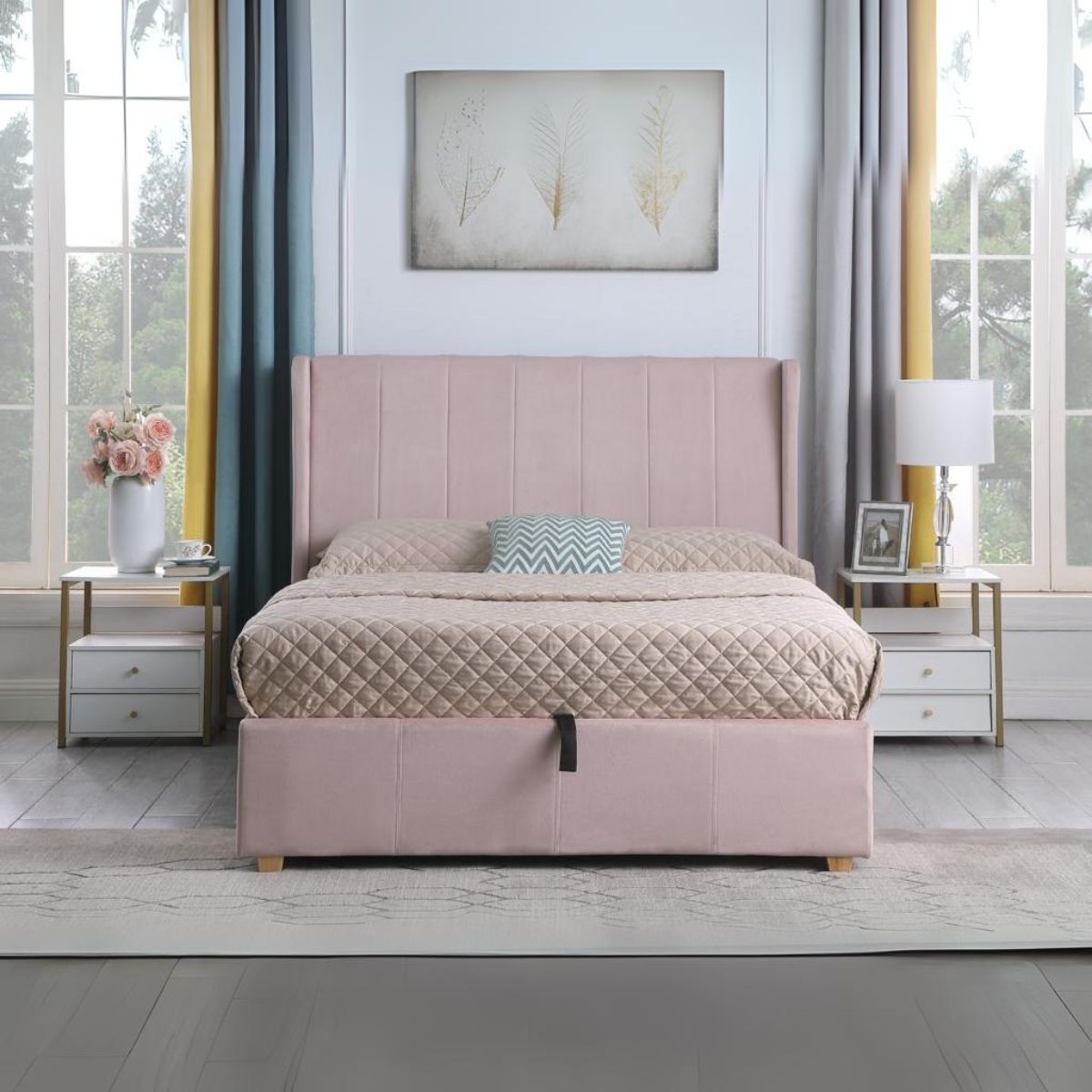 Amelia Plus 4FT6 Storage Bed - Pink Velvet Fabric