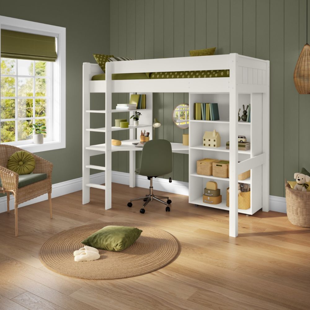 New Classic Highsleeper With Integrated Desk And Shelving And Tall Bookcase White