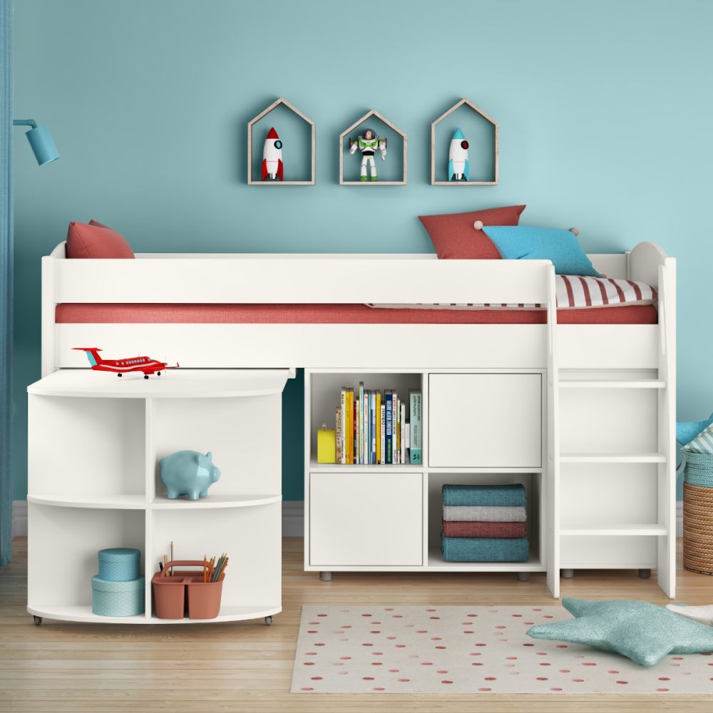 Stompa UNOS Mid Sleeper White Incl Pull Out Desk + 1 Multi Cube With 4 X White Doors+ 1 Chest Of Drawers